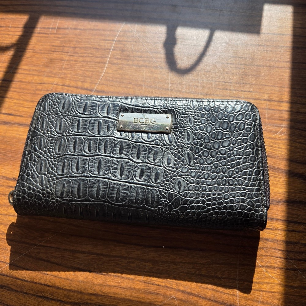 BCBG Max Azria Black Croc Embossed Zip Around Long Wallet Gold Tone Logo